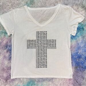 White V-Neck T-Shirt with Studded Cross Design